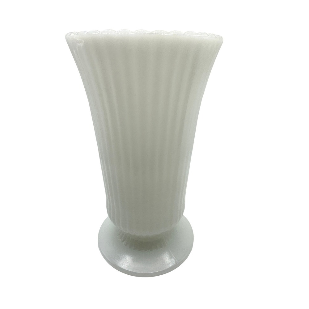 Vintage EO Brody Co White Milk Glass Ribbed Scalloped Pedestal Vase M5000 8 inch